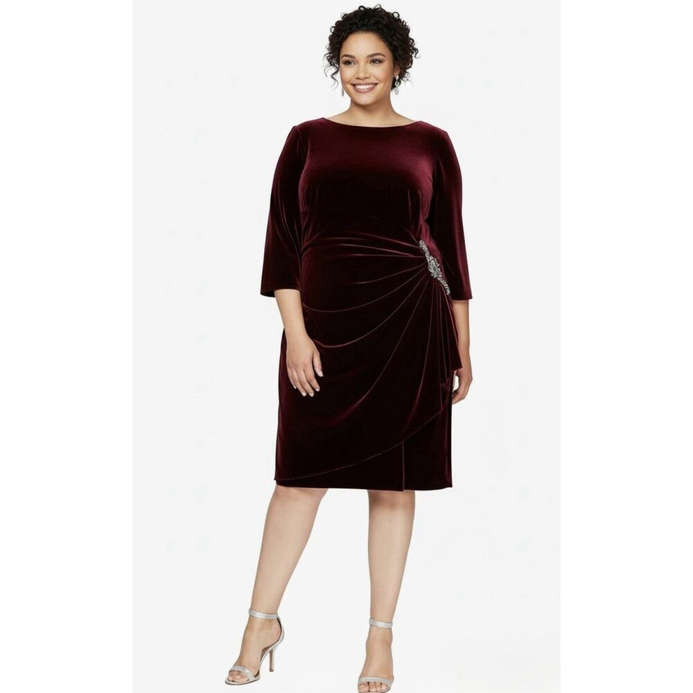 Alex Evenings Womens Short Three‎ Quarter Sleeve Velvet Dress 24W MSRP $169